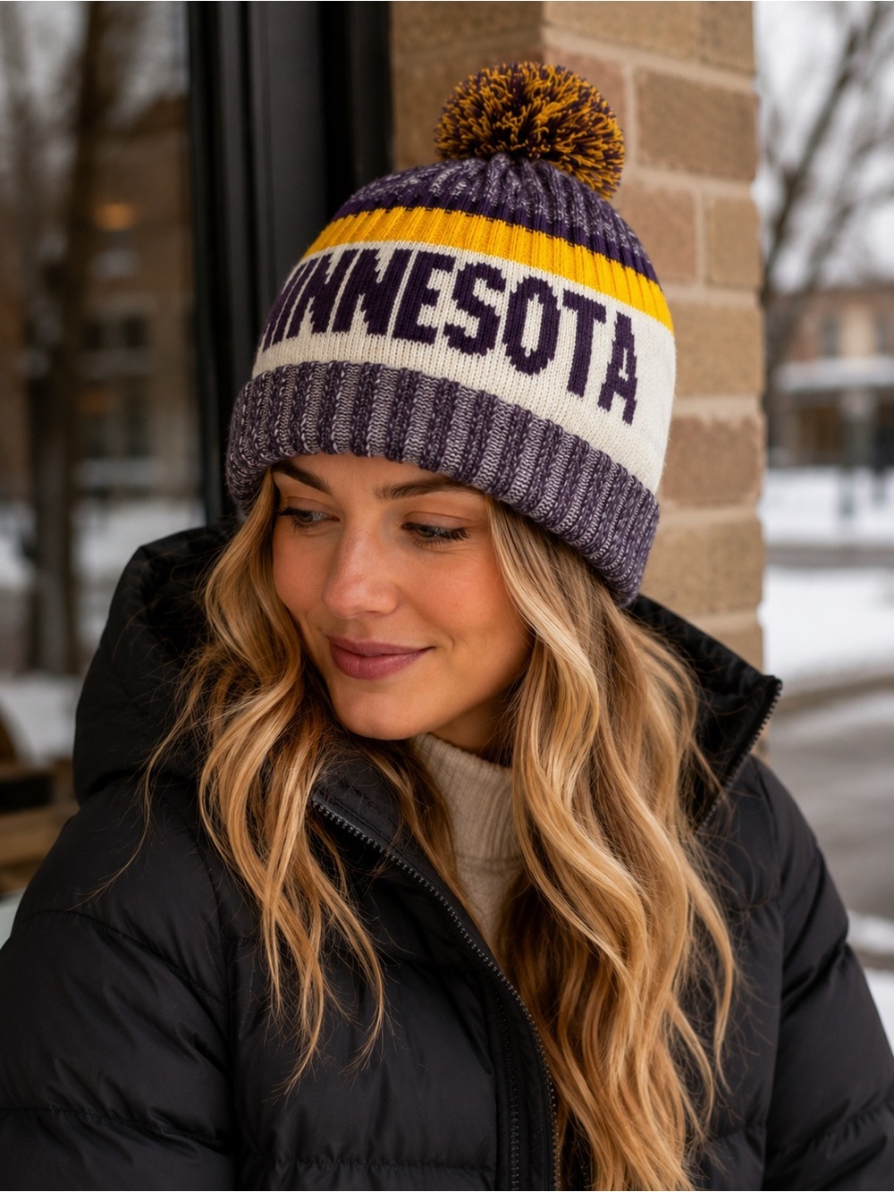 Minnesota Vikings Pom Beanie in Purple, Gold & Cream